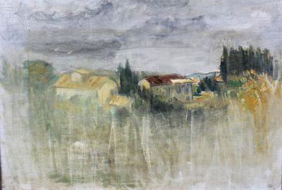 l'image d'une peinture représentant un champ avec une maison au loin
