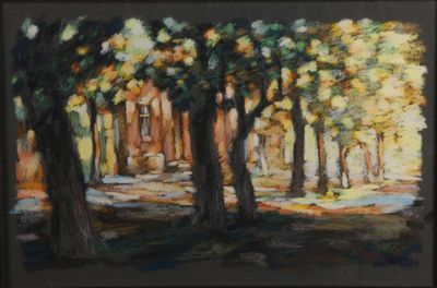 painting of a painting of trees in a park with a building in the background
