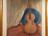 painting of a violin sitting on a table in front of a curtain