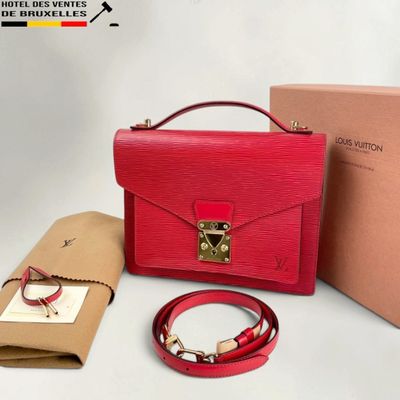 louis vuitton red epi leather handbag with matching belt and bracelet
