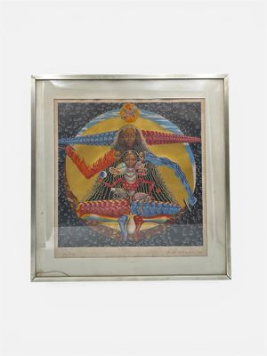 tableau représentant une femme avec un oiseau sur l'épaule, dans un cadre argenté