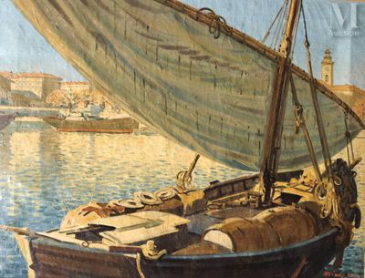 a painting of a boat on the water with a city in the background