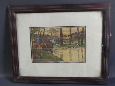 an old framed picture of a horse and rider in a wooded area