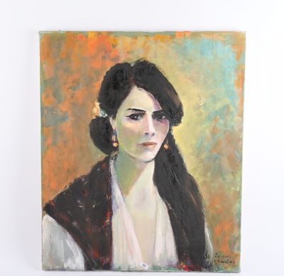 une peinture à l'huile représentant une femme aux cheveux longs et portant des boucles d'oreilles