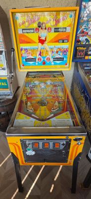 an image of a pinball machine sitting on top of a wooden table