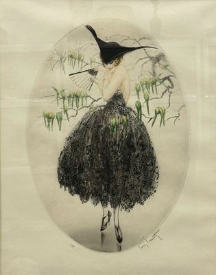 drawing of a woman in a black dress with a bird on her head