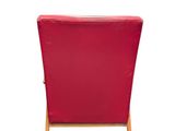 the back of a red chair with a wooden frame