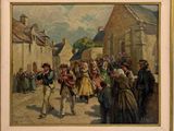 tableau représentant un groupe de personnes marchant dans une rue, près d'un immeuble