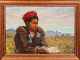an oil painting of a woman reading a book in a field