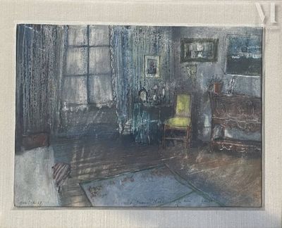 un tableau représentant une pièce avec une chaise et une table