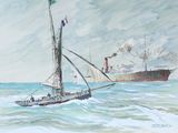 une peinture représentant un bateau sur l'eau, avec un grand navire en arrière-plan