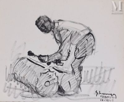 dessin représentant un homme assis sur un tonneau, une guitare à la main