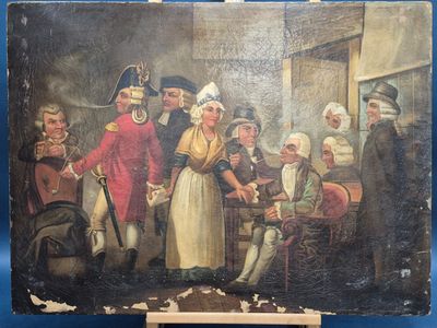 un vieux tableau représentant un groupe de personnes debout dans une pièce