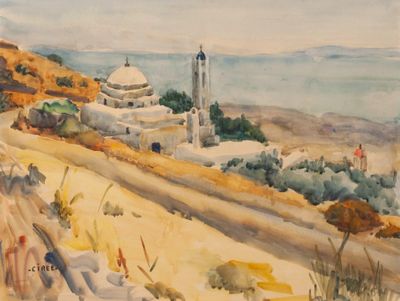 une aquarelle représentant une église sur une colline