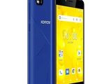 un smartphone bleu, avec une photo de sa face avant et de son dos