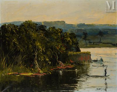 a painting of a man on a boat in the water