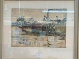 tableau représentant un train, encadré et exposé dans un musée