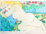 tableau représentant une femme allongée sur un canapé, avec des fleurs dans les cheveux