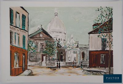 painting of a street scene with buildings and a dome in the background