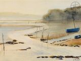 une aquarelle représentant un bateau sur la plage