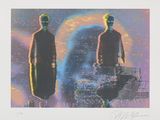 painting of two men standing next to each other in front of a rainbow colored background