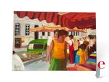 un tableau représentant des personnes debout sous un parapluie sur un marché