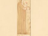 un vieux dessin d'une femme tenant un bébé dans ses bras