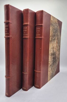trois livres en cuir marron empilés les uns sur les autres sur une surface blanche