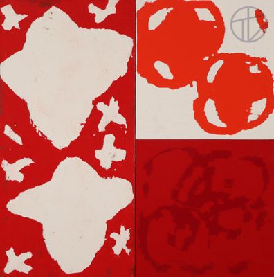 an image of a painting of red and white squares with a red flower