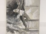 un dessin représentant un homme sur une planche de surf, chevauchant une vague