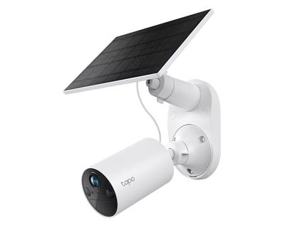 an image of a solar powered security camera attached to a wall