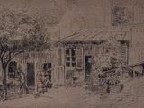 drawing of a street scene with a house and a bench