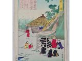 an image of a painting of people in a village with a hut in the background