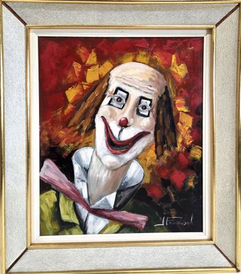 tableau représentant un clown en costume-cravate, le sourire aux lèvres