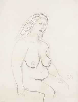 a drawing of a nude woman sitting on a stool
