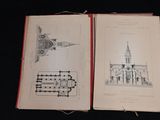 an open book with a drawing of a church and a drawing of a plane