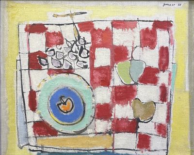 une peinture représentant une nappe à carreaux rouges et blancs sur laquelle est posée une assiette bleue