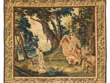 a tapestry with a painting of a woman and a man in a wooded area
