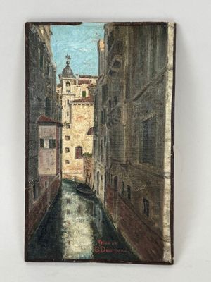 an oil painting of a canal in a city with buildings