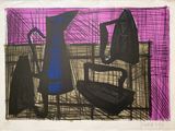purple and black drawing of a chair and a vase on a table