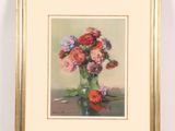 painting of flowers in a vase on a table with a white background