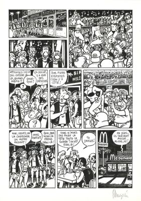 une bande dessinée en noir et blanc avec un groupe de personnes en arrière-plan