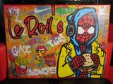 painting of a spider - man holding a sandwich in front of a red chair