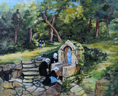 un tableau représentant une femme assise sur un mur de pierre