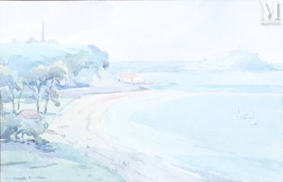 a painting of a view of a beach with a lighthouse in the distance
