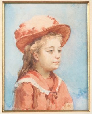 portrait d'une jeune fille vêtue d'une robe rouge et d'un chapeau rose