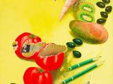 une peinture représentant divers fruits et légumes sur un fond jaune