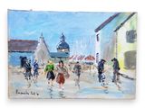 une peinture représentant un groupe de personnes marchant dans la rue