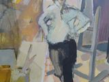 a painting of a man standing in front of an easel