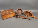 three pieces of wood with a wooden box and a wooden spoon and spoon rest
